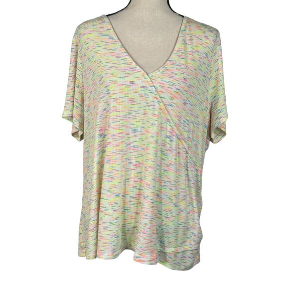 Lane Bryant SZ 22/24 Top V-Neck Stretch Short Sleeves Multi-Colored Confetti - Picture 1 of 10